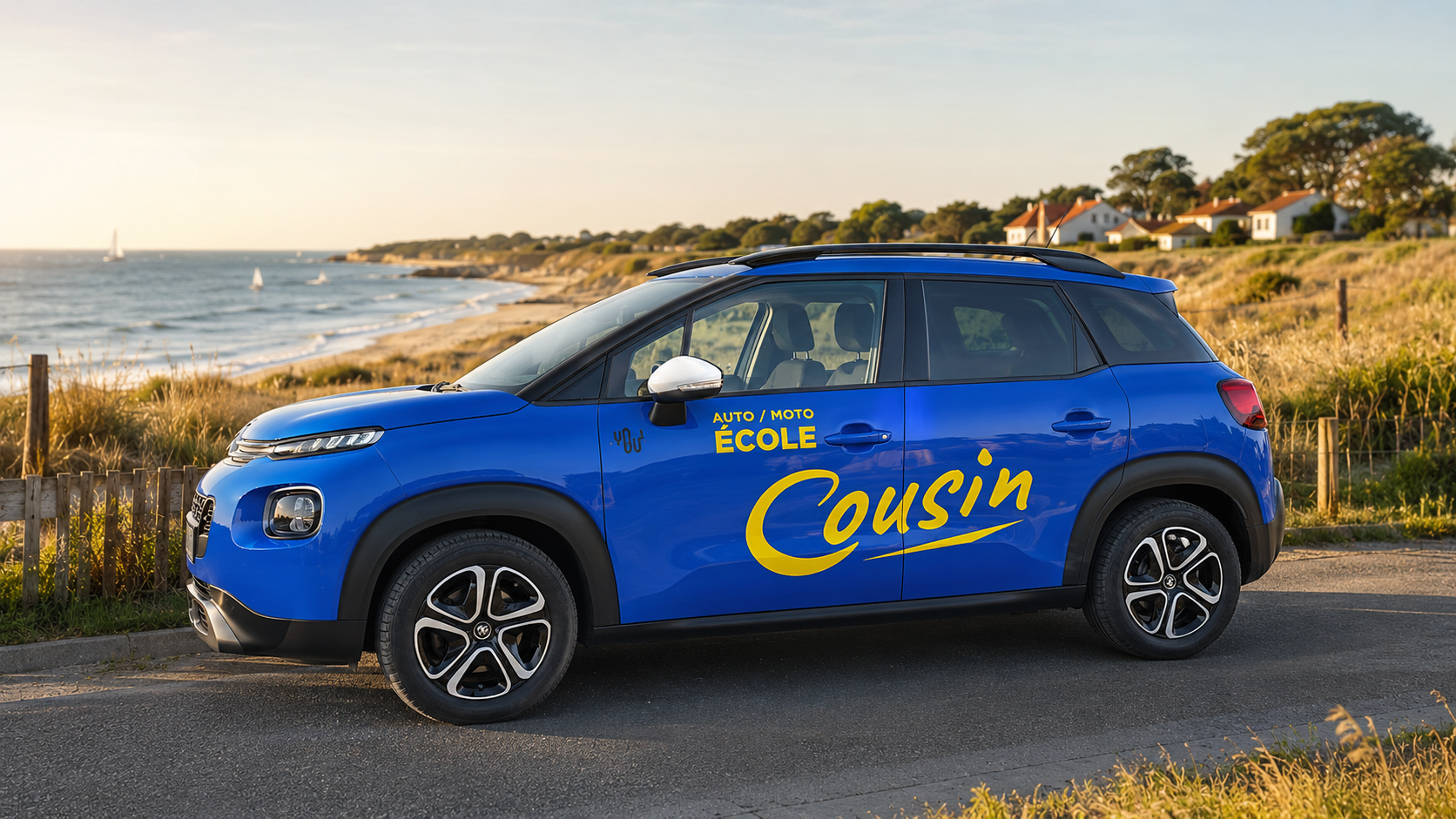 Véhicule Auto-École Cousin sur la côte vendéenne